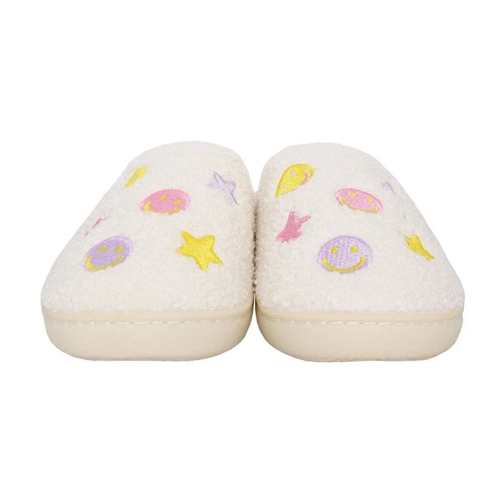 Girls Star Smiley Face Slippers Pink Plush Faux Fur Cozy House Shoes 5-6